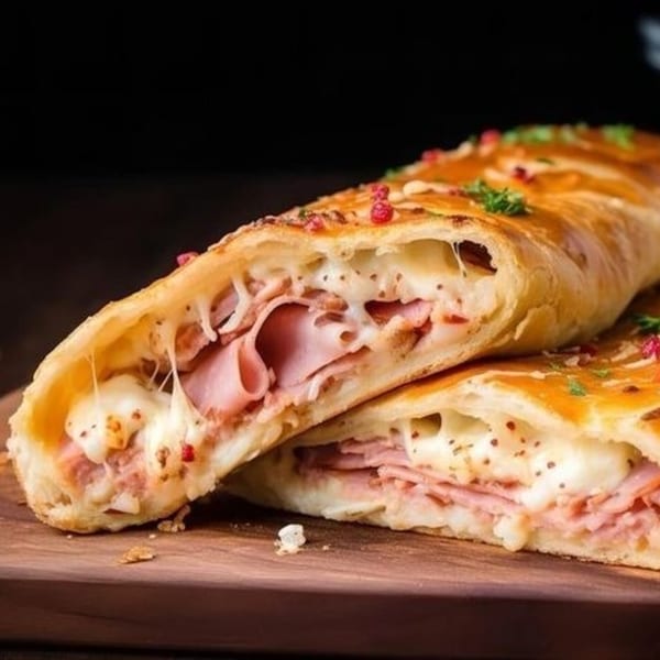 Two halves of a golden-brown stromboli filled with melted cheese and sliced ham on a wooden board.